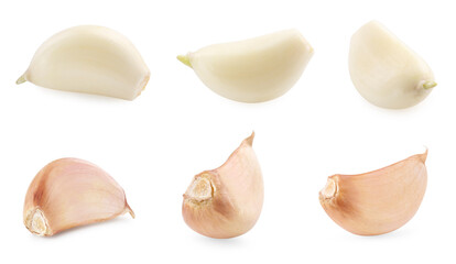 Fresh garlic cloves isolated on white, set