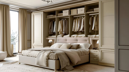 a bedroom with a large bed and a closet filled with clothes