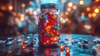 Fotobehang colorful pills all over a bottle of jar, in the style of darktable processing, colourful. Generative AI © Skiffcha
