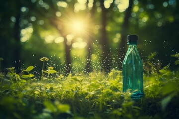 Glass bottle cleaning concept with pure natural water in a serene outdoor setting