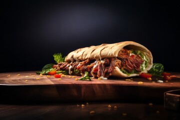 Juicy doner kebab on a wooden board against a minimalist or empty room background