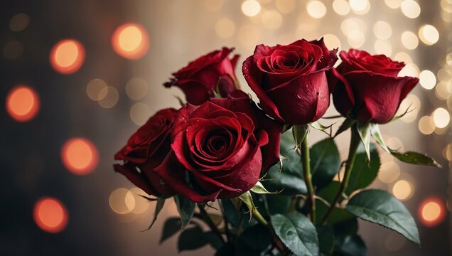 A lush bouquet of red roses stands against a glowing backdrop of golden bokeh circles, conveying warmth