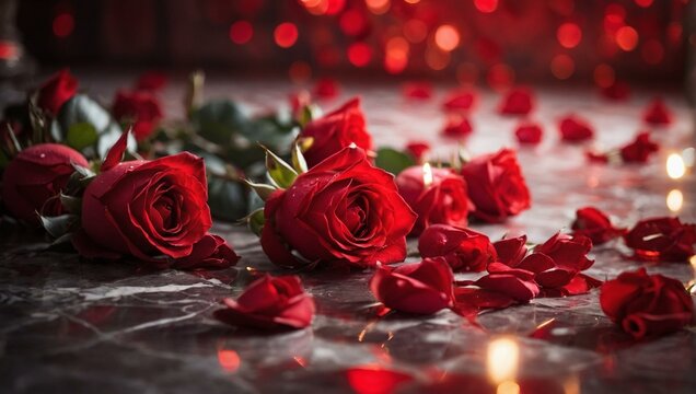 Numerous vivid red roses and petals scattered across a glistening marble floor, with a backdrop of warm bokeh lights