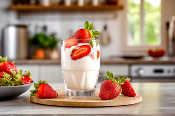 Joghurt mit Erdbeeren, im Hintergrund eine Küche 