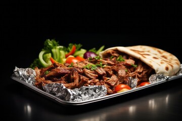 Juicy doner kebab on a metal tray against a minimalist or empty room background