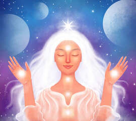 girl in meditation. spirituality and chakras - 747398690