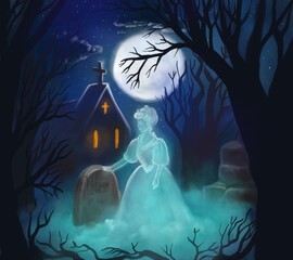 ghost woman in a cemetery at night during the full moon - 747398699
