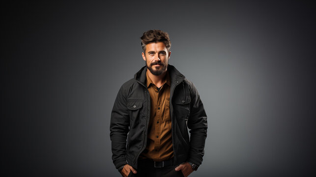 30s white man standing in a black jean jacket, bearded,  on a gray white background 