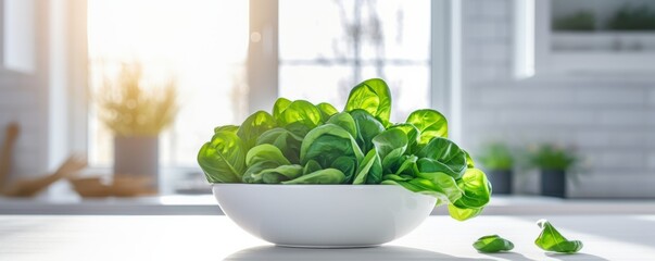 Fresh spinach in a bowl placed on the kitchen table.