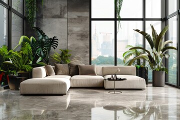 Modern Living Room Design, Luxury Elegant Interior, Green Plants, Panoramic Windows, Copy Space