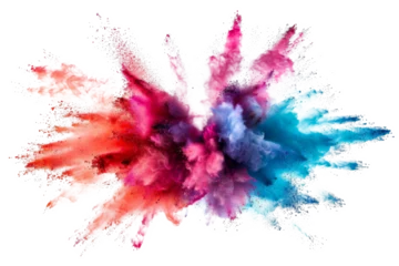 Poster Explosion splash of colorful powder with freeze isolated on background, abstract splatter of colored dust powder. © TANATPON