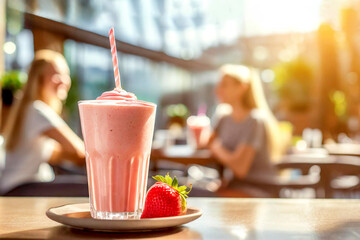 Erdbeershake im Hintergrund ein Cafe 