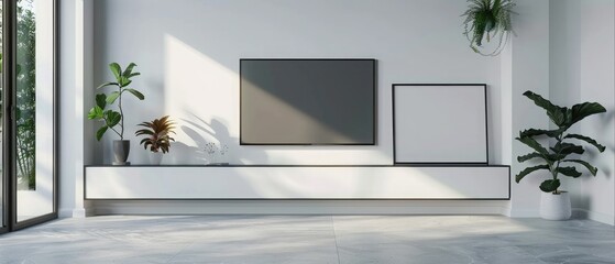 Cabinet Tv, Poster frame stand, blank canvas on the floor, helf tv in modern empty room,minimal design, 3d rendering