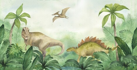 Watercolor illustration of banner or frame with a dinosaur Tyrannosaurus rex and pterodactyl and stegosaurus in green jungle with palm trees. For children's room decor, wallpaper, invitation