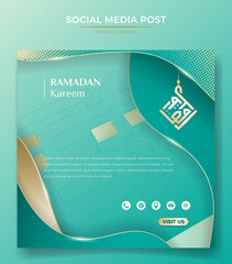 Ramadan background for banner or social media campaign with light sea green and gold design. Arabic text mean is ramadan kareem. Islamic background in light sea green design.