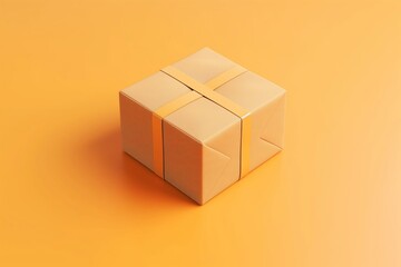 Cardboard box sealed with ribbon on an orange background, package sent by mail, courier delivery service, isometric style