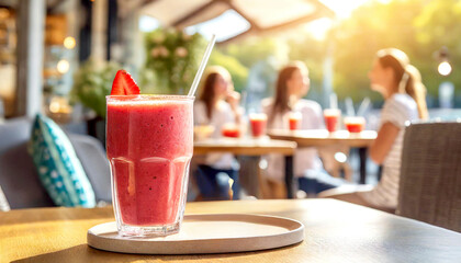 Erdbeersmoothie im Hintergrund ein Cafe 