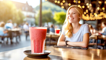 Erdbeersmoothie im Hintergrund ein Cafe  - obrazy, fototapety, plakaty