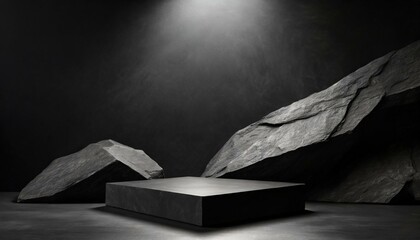 Black, Dark, and Gray Geometric Stone and Rock Shape Background: Minimalist Mockup for Podium