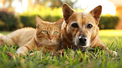 Naklejka na ściany i meble Cute dog and cat lying together on a green grass field