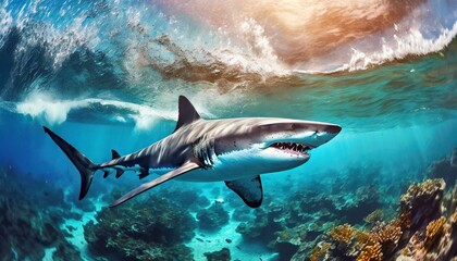 Photo Realistic Shark amidst Ocean Waves: The Largest Predator in the World; Aerial View of...