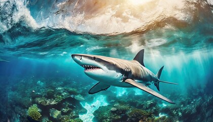 Photo Realistic Shark amidst Ocean Waves: The Largest Predator in the World; Aerial View of Tropical Waters