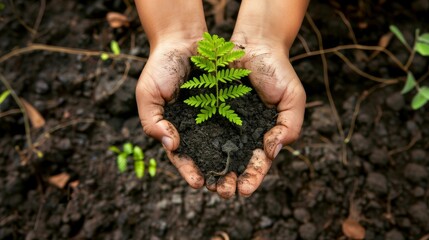 Hands holding a plant on fertile soil. Ecology concept