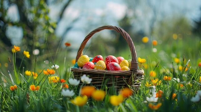 Wicker basket with Easter eggs in the field