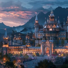 Envision a majestic castle bathed in the soft light of twilight, its towering spires adorned with cascades of colorful banners to mark the occasion of World Dol Yatra and Holi - obrazy, fototapety, plakaty