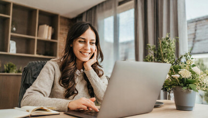 female person working on laptop; person smiling during an online meeting; homeoffice