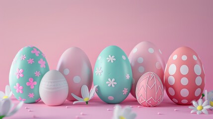 Fototapeta na wymiar Colorful Easter eggs with flowers on a pink background