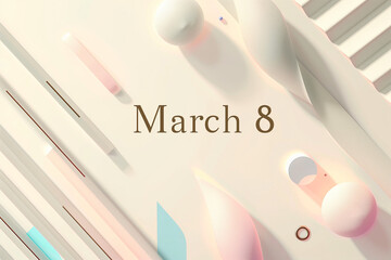 Minimalist graphic design, Women's Day theme, Abstract geometric shapes in pastel colors, Central composition, Text overlay "March 8" in sleek, contemporary font, Modern and stylish ambiance