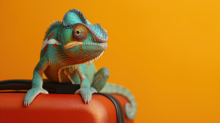 Portrait of a cute chameleon sittting on the bright suitcase on the orange background with copy space, travel concept - obrazy, fototapety, plakaty