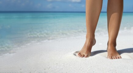 Female legs on sea beach with white sand