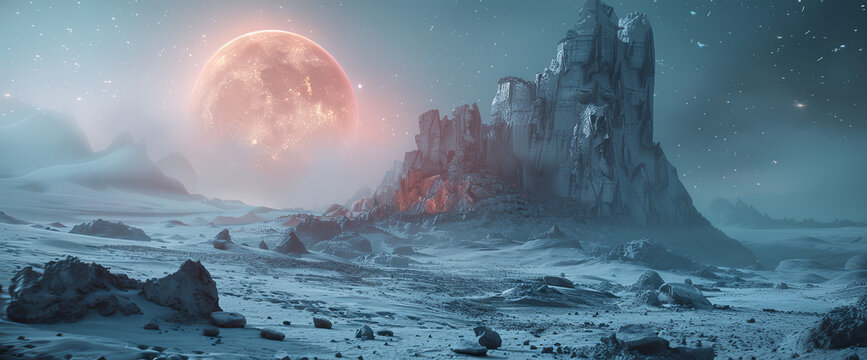 Retro futuristic Sci-fi wallpaper. Alien planet landscape. A large moon illuminates a mystical, snowy landscape with rocky terrains under a starry sky