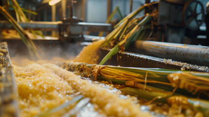Close-up of sugar cane being processed in a mill, machinery extracting juice, focus on the industrial aspect of sugar production