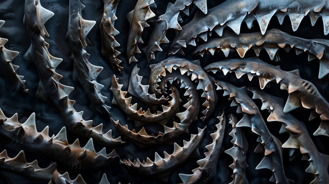 Artistic arrangement of shark teeth forming a spiral pattern, artistic and menacing, on a dark background, focusing on the beauty and danger of these marine predators