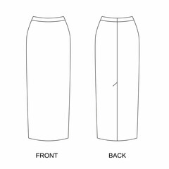 Outline drawing of a long skirt front and back view, isolate on a white background. Fashionable maxi skirt template. Sketch of a white women's skirt.