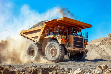 Obraz na płótnie Canvas Heavy-duty dump truck unloading gravel at a construction site, dust rising, powerful machinery in action, clear blue sky background