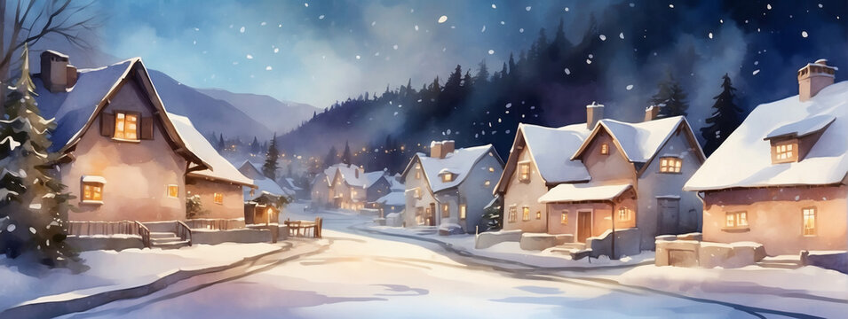 Digital watercolor painting of a cozy winter village with snow-covered cottages and twinkling lights.