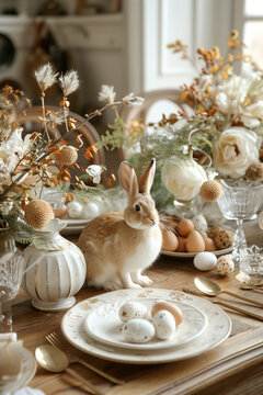Beautifully set Easter table with a bouquets of flowers, painted Easter eggs, holiday decor and a little bunny