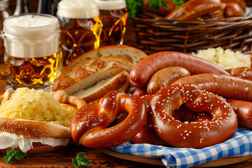 Array of Oktoberfest delicacies on a wooden table, pretzels, sausages, and sauerkraut, inviting and delicious, celebrating German cuisine