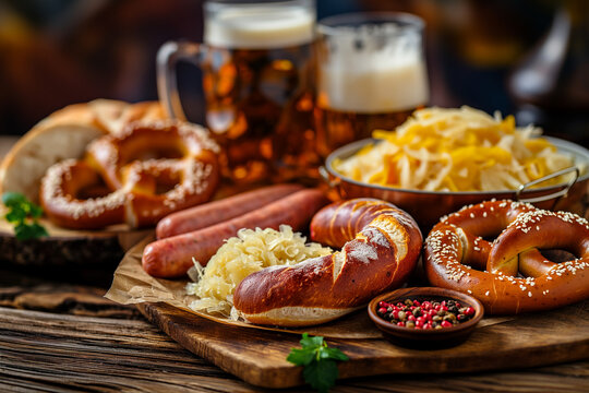 Array of Oktoberfest delicacies on a wooden table, pretzels, sausages, and sauerkraut, inviting and delicious, celebrating German cuisine