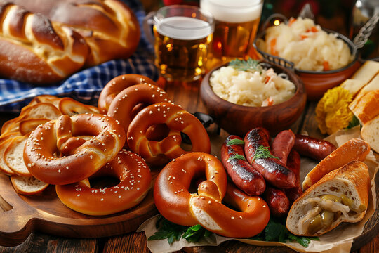 Array of Oktoberfest delicacies on a wooden table, pretzels, sausages, and sauerkraut, inviting and delicious, celebrating German cuisine