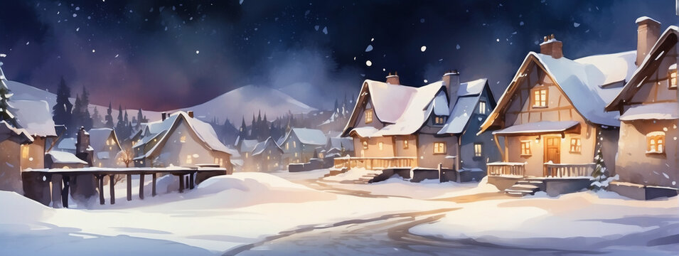 Digital watercolor painting of a cozy winter village with snow-covered cottages and twinkling lights