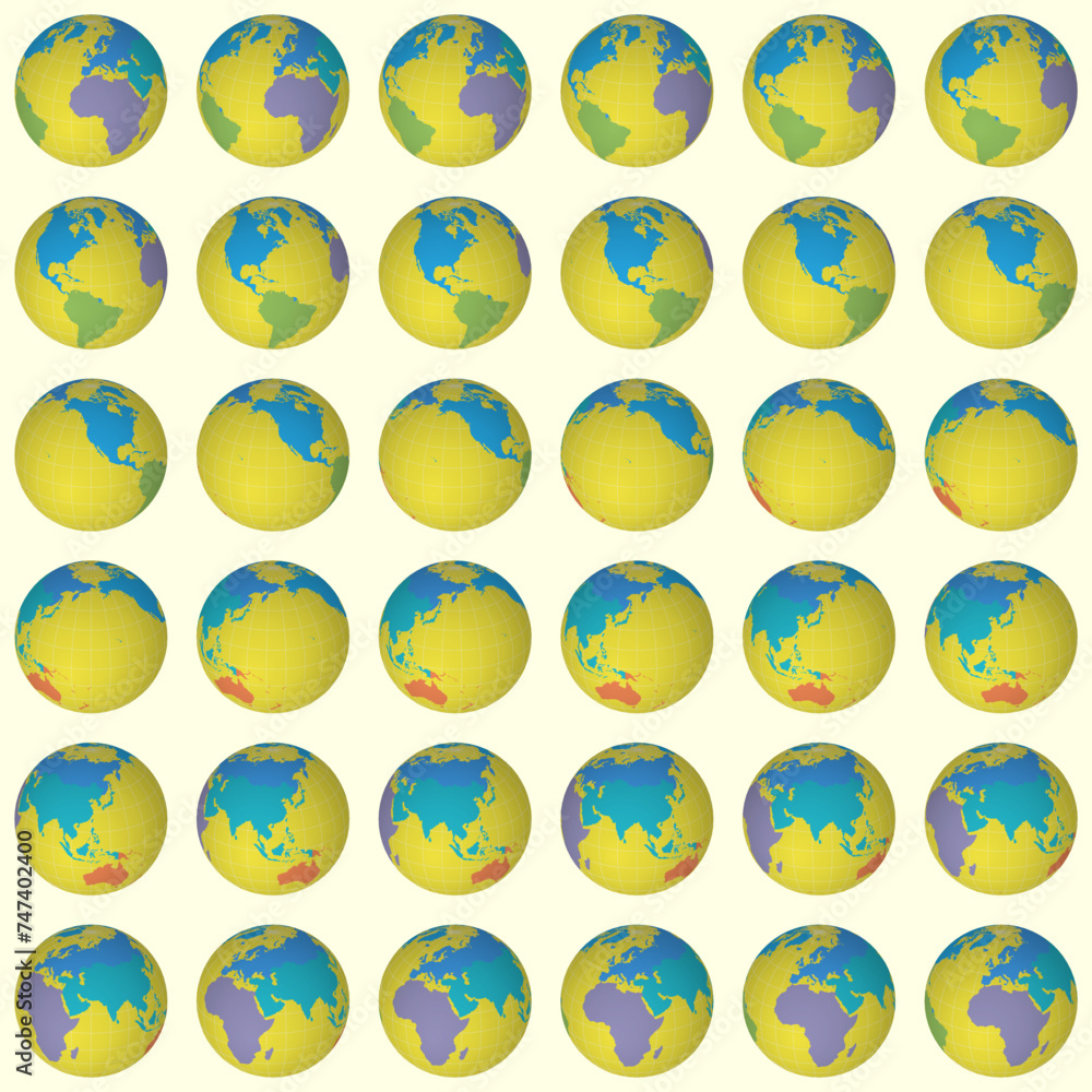 Poster collection of planet globes. slanted sphere view. rotation step 10 degrees. colored continents style