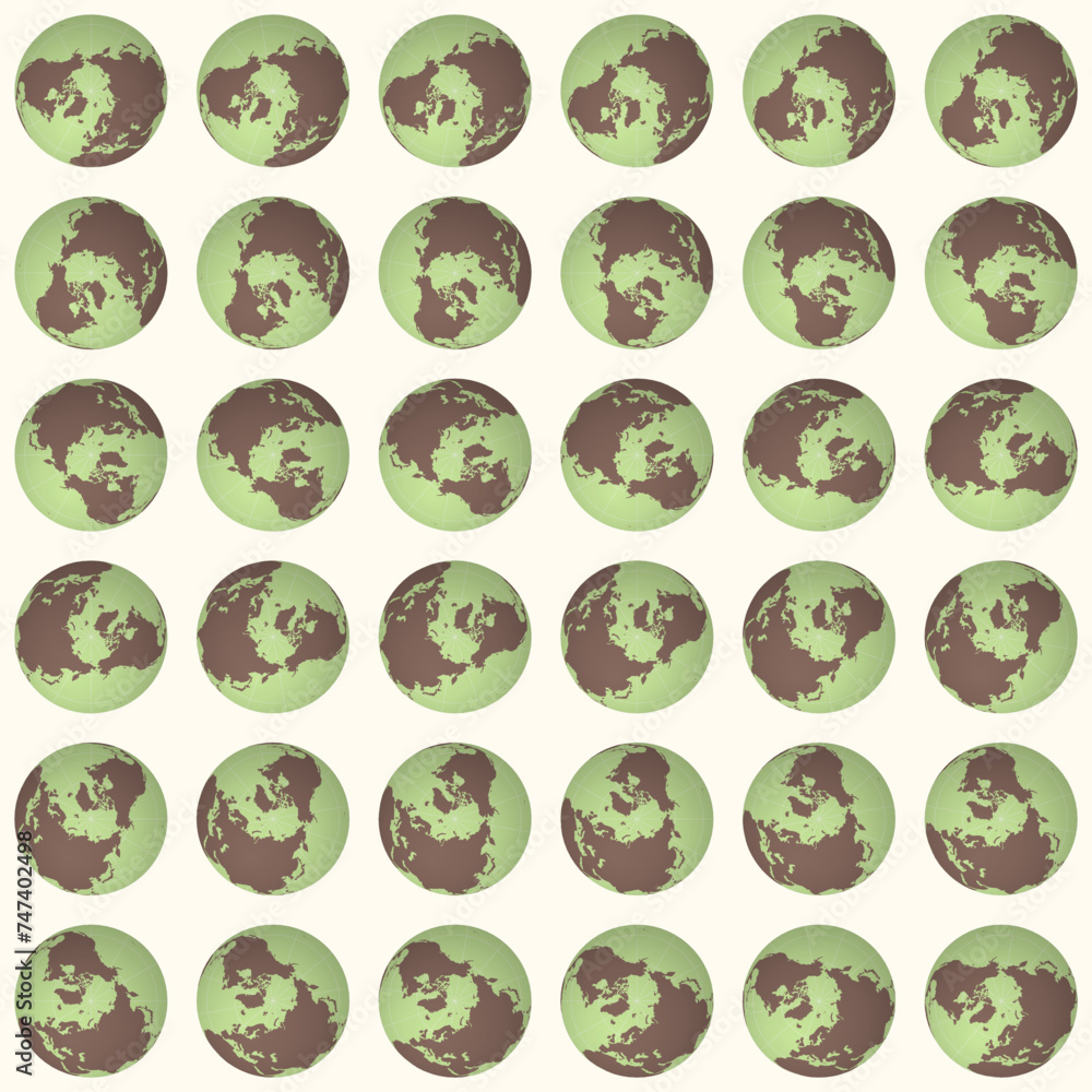 Poster collection of planet globes. north pole sphere view. rotation step 10 degrees. solid color style. wo