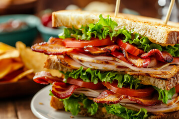 Close-up of a classic club sandwich, stacked high with bacon, lettuce, tomato, and sliced turkey, side of chips, diner atmosphere