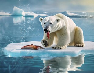 Polar bear on an ice floe eating fish