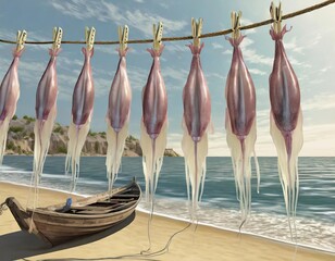 Squid drying in the sun on a seashore